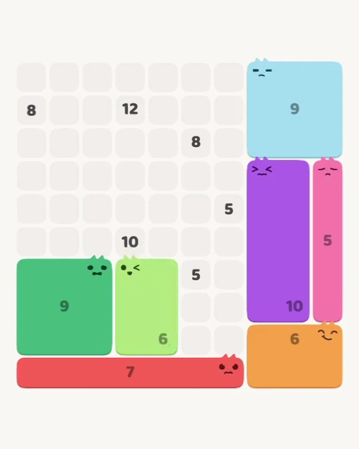 MeowBlock Level 138 after step 7, placing the 6-cell rectangular block at the lower center