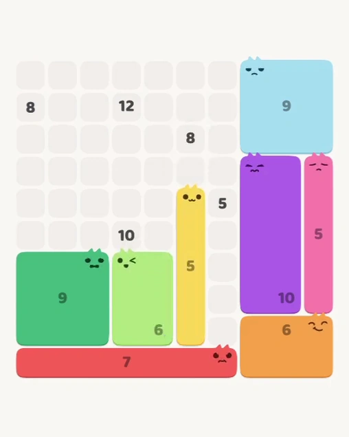 MeowBlock Level 138 after step 8, placing the 5-cell vertical block at the lower center