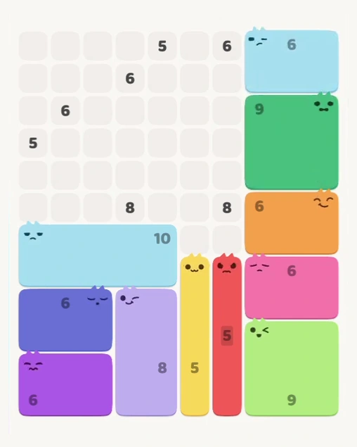 MeowBlock Level 139 after step 11, placing the 6-cell rectangular block at the upper-right area