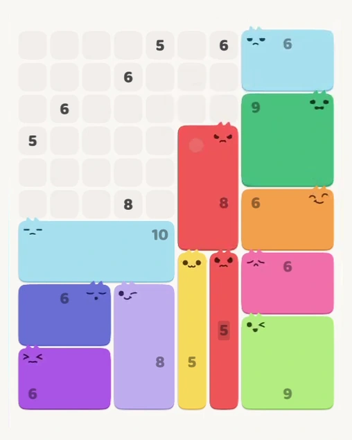 MeowBlock Level 139 after step 12, placing the 8-cell rectangular block at the middle center