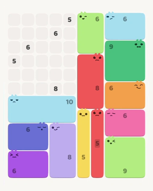 MeowBlock Level 139 after step 13, placing the 6-cell rectangular block at the upper center