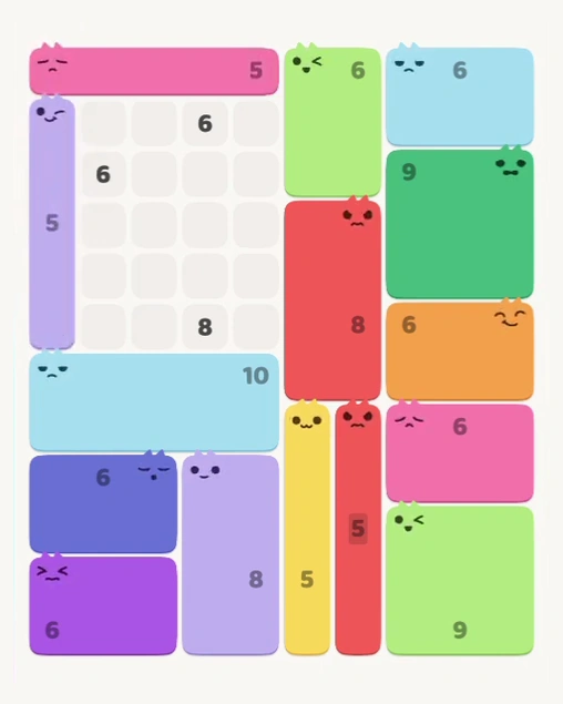 MeowBlock Level 139 after step 15, placing the 5-cell vertical block at the upper-left area