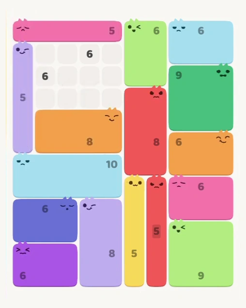 MeowBlock Level 139 after step 16, placing the 8-cell rectangular block at the middle center