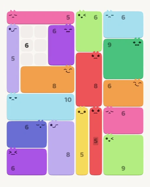 MeowBlock Level 139 after step 17, placing the 6-cell rectangular block at the upper center