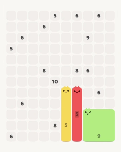 MeowBlock Level 139 after step 3, placing the 5-cell vertical block at the lower center