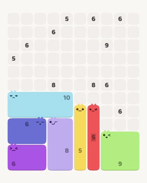 MeowBlock Level 139 after step 7, placing the 10-cell rectangular block at the middle-left area