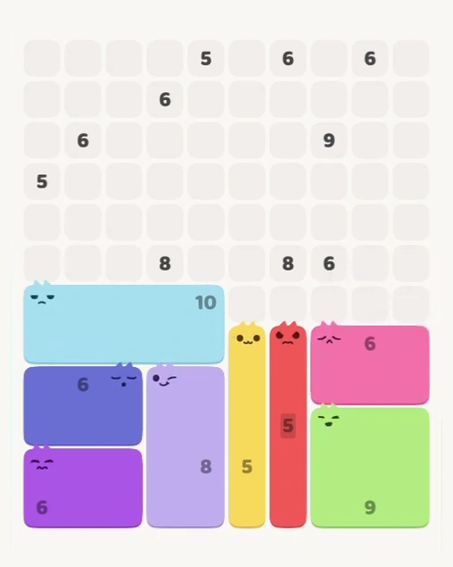 MeowBlock Level 139 after step 8, placing the 6-cell rectangular block at the lower-right area