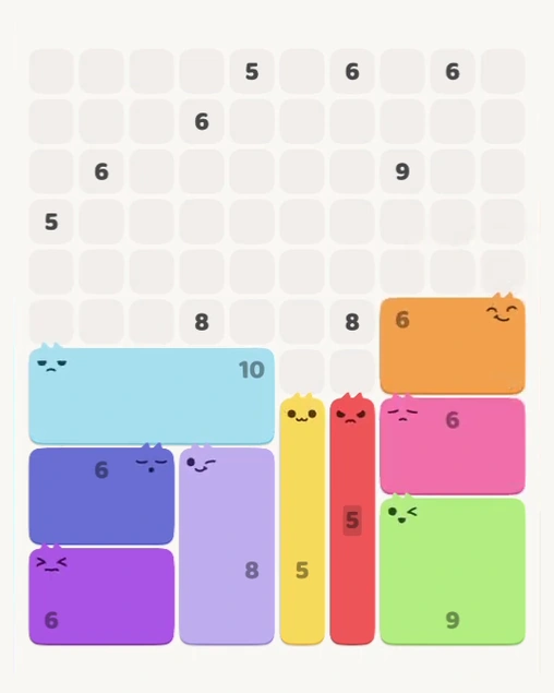 MeowBlock Level 139 after step 9, placing the 6-cell rectangular block at the middle-right area