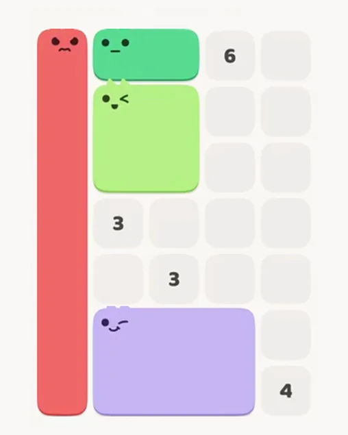 MeowBlock Level 14 after step 4, placing the 6-cell rectangular block at the lower center