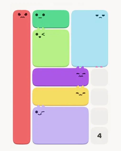 MeowBlock Level 14 after step 7, placing the 6-cell rectangular block at the upper-right area