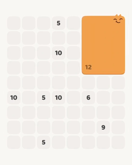 MeowBlock Level 141 after step 1, placing the 12-cell rectangular block at the upper-right area