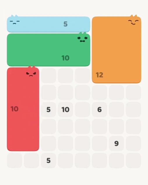 MeowBlock Level 141 after step 4, placing the 10-cell rectangular block at the lower-left area