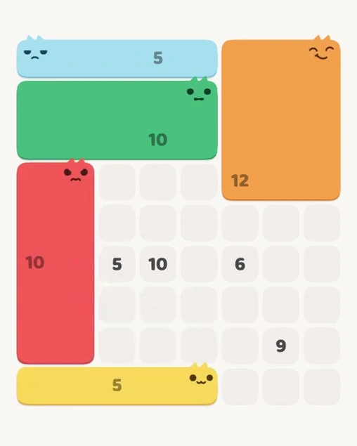 MeowBlock Level 141 after step 5, placing the 5-cell horizontal block at the lower center