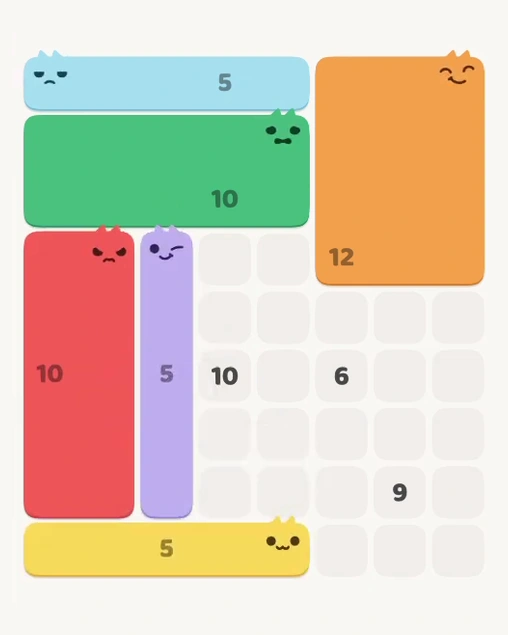 MeowBlock Level 141 after step 6, placing the 5-cell vertical block at the lower center