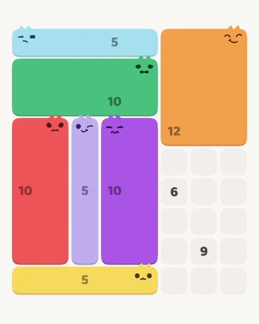 MeowBlock Level 141 after step 7, placing the 10-cell rectangular block at the lower center