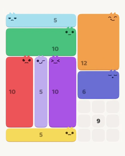MeowBlock Level 141 after step 8, placing the 6-cell rectangular block at the middle-right area