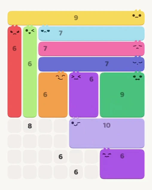 MeowBlock Level 142 after step 11, placing the 6-cell rectangular block at the lower-right area