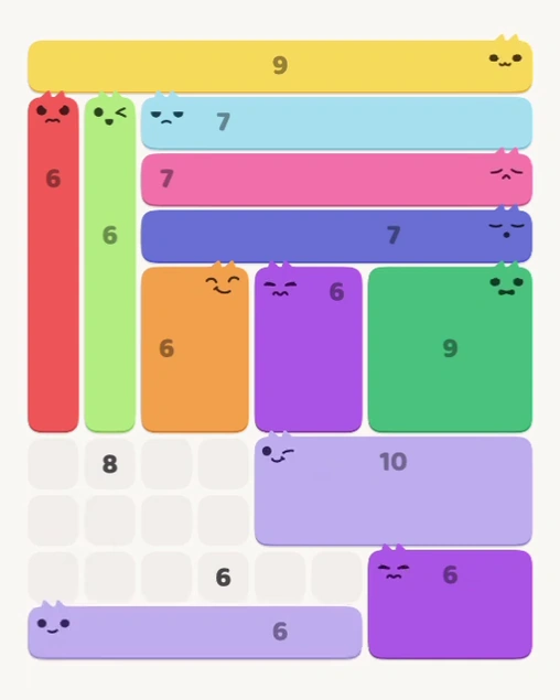 MeowBlock Level 142 after step 12, placing the 6-cell horizontal block at the lower center
