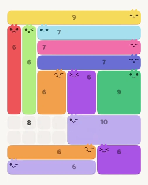 MeowBlock Level 142 after step 13, placing the 6-cell horizontal block at the lower center