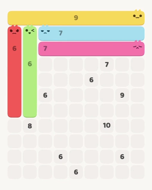 MeowBlock Level 142 after step 5, placing the 7-cell horizontal block at the upper-right area