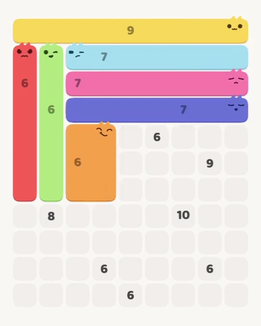 MeowBlock Level 142 after step 7, placing the 6-cell rectangular block at the middle center