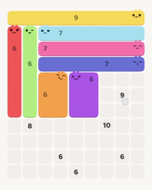 MeowBlock Level 142 after step 8, placing the 6-cell rectangular block at the middle center