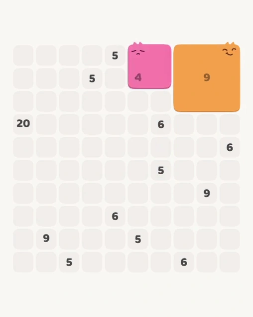 MeowBlock Level 143 after step 2, placing the 4-cell square block at the upper center