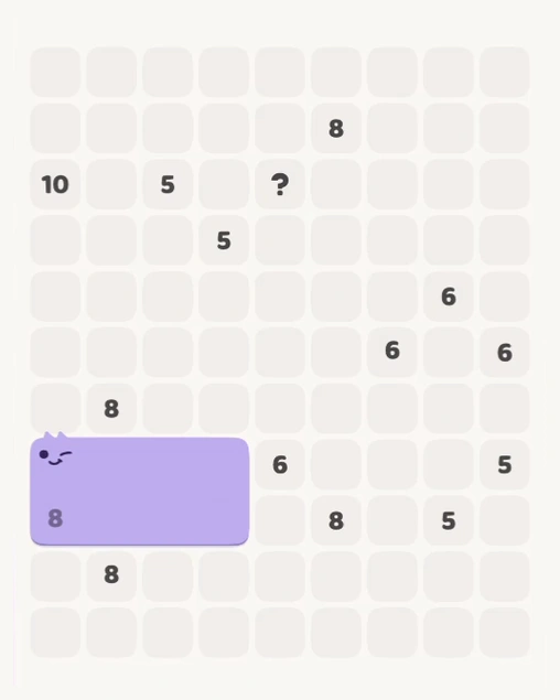 MeowBlock Level 144 after step 1, placing the 8-cell rectangular block at the lower-left area