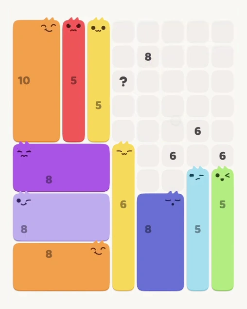 MeowBlock Level 144 after step 10, placing the 5-cell vertical block at the upper center