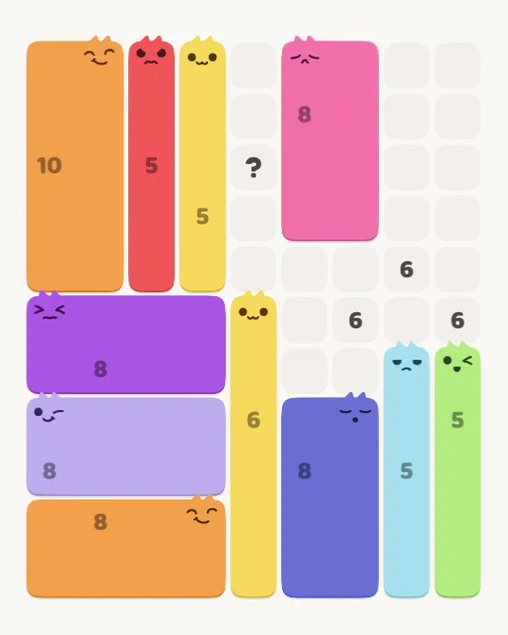 MeowBlock Level 144 after step 11, placing the 8-cell rectangular block at the upper-right area