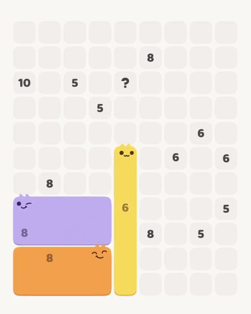 MeowBlock Level 144 after step 3, placing the 6-cell vertical block at the lower center