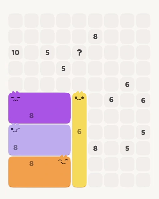 MeowBlock Level 144 after step 4, placing the 8-cell rectangular block at the middle-left area