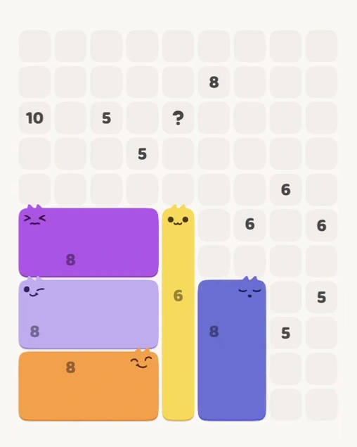 MeowBlock Level 144 after step 5, placing the 8-cell rectangular block at the lower-right area