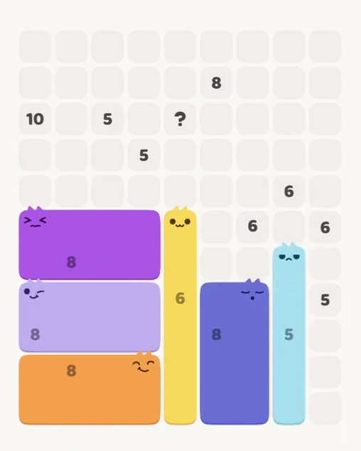 MeowBlock Level 144 after step 6, placing the 5-cell vertical block at the lower-right area
