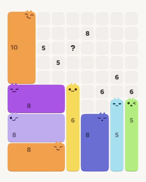 MeowBlock Level 144 after step 8, placing the 10-cell rectangular block at the upper-left area