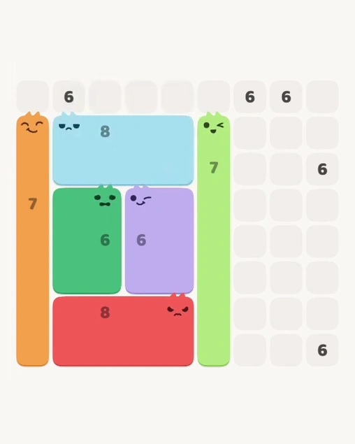 MeowBlock Level 147 after step 6, placing the 8-cell rectangular block at the upper center