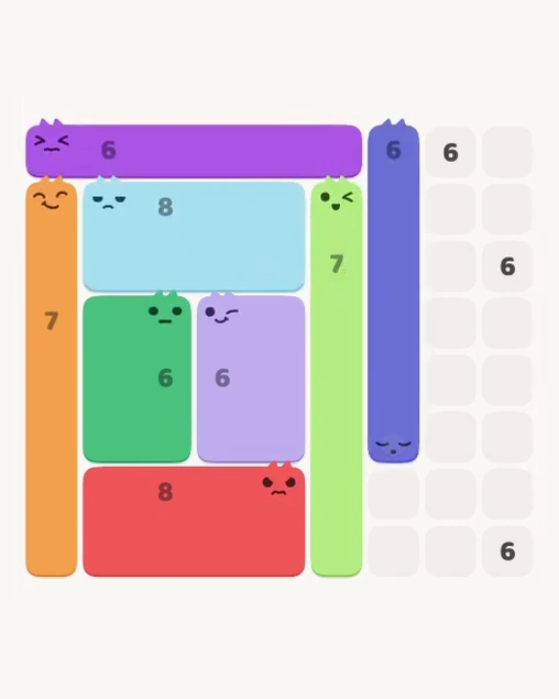 MeowBlock Level 147 after step 8, placing the 6-cell vertical block at the middle-right area