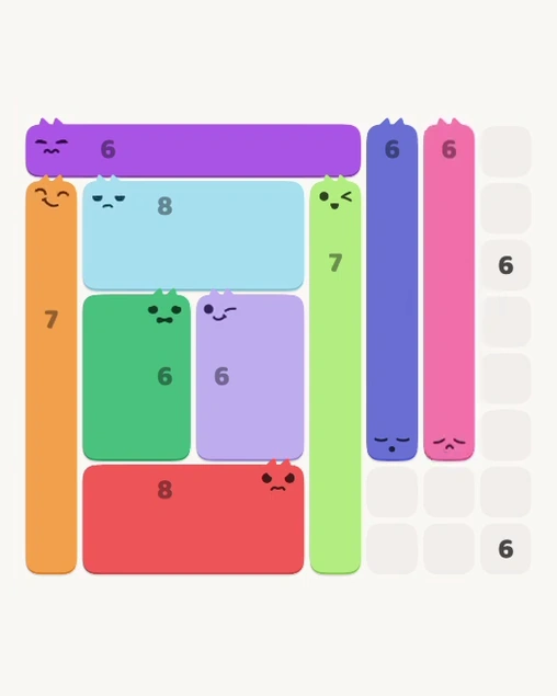 MeowBlock Level 147 after step 9, placing the 6-cell vertical block at the middle-right area