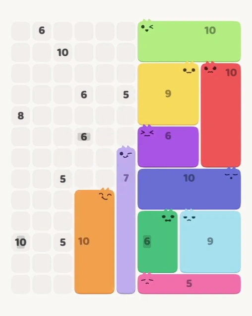 MeowBlock Level 148 after step 10, placing the 10-cell rectangular block at the lower center