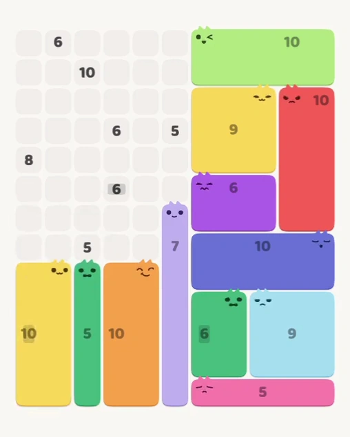 MeowBlock Level 148 after step 12, placing the 10-cell rectangular block at the lower-left area