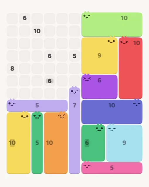 MeowBlock Level 148 after step 13, placing the 5-cell horizontal block at the middle-left area