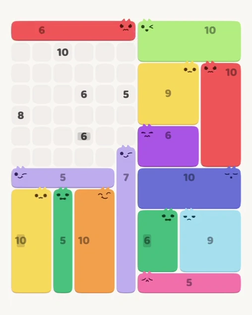 MeowBlock Level 148 after step 14, placing the 6-cell horizontal block at the upper-left area
