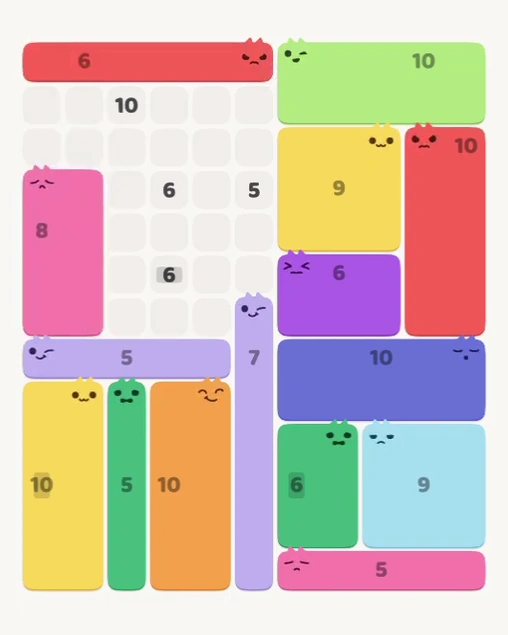 MeowBlock Level 148 after step 15, placing the 8-cell rectangular block at the middle-left area