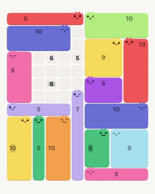 MeowBlock Level 148 after step 16, placing the 10-cell rectangular block at the upper-left area