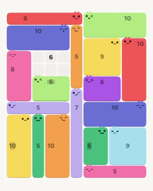 MeowBlock Level 148 after step 18, placing the 6-cell rectangular block at the middle center