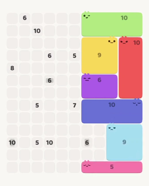 MeowBlock Level 148 after step 7, placing the 5-cell horizontal block at the lower-right area