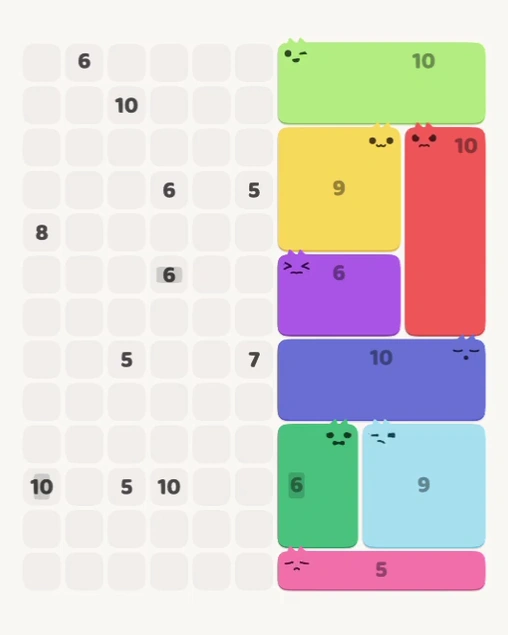 MeowBlock Level 148 after step 8, placing the 6-cell rectangular block at the lower-right area