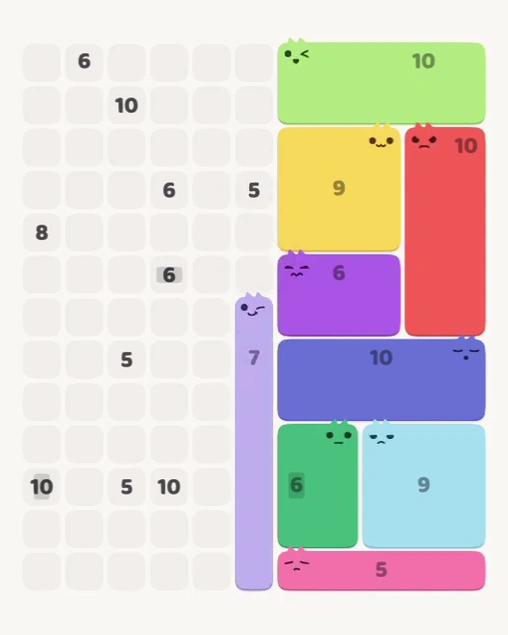 MeowBlock Level 148 after step 9, placing the 7-cell vertical block at the lower center