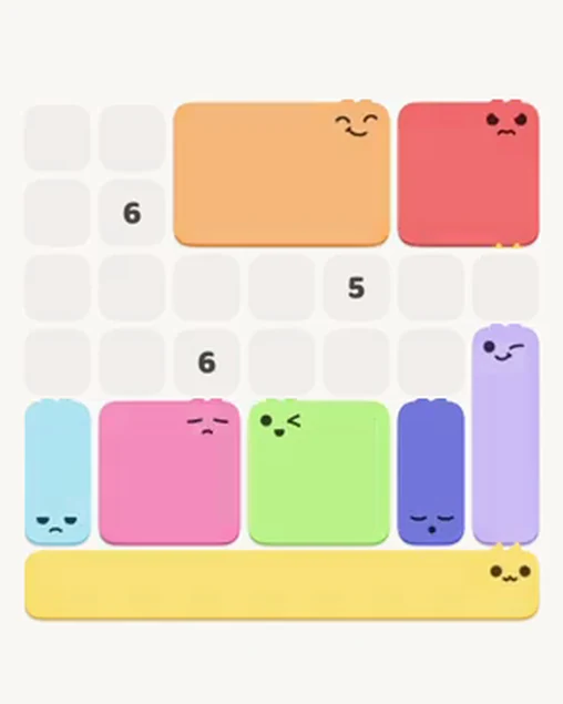 MeowBlock Level 15 after step 8, placing the 6-cell rectangular block at the upper center