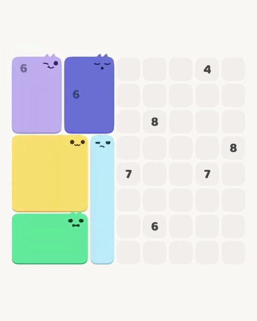MeowBlock Level 151 after step 5, placing the 5-cell vertical block at the lower center